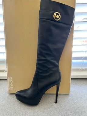 Michael Kors Black Leather Knee-High Stiletto Boot with Gold MK Logo